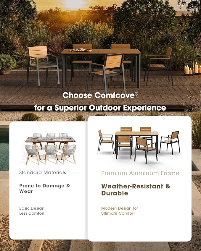 Outdoor Patio Dining Table, Aluminum & HDPE Outdoor Table with Umbrella Hole, All-Weather for Deck, Garden, Lawn, Backyard, Poolside and Indoor Use (Gray & Teak)