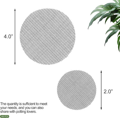 Quacc 100 PCS Flower Pot Hole Mesh Pad, 2/4 Inch Round Plant Pot Drainage Mat, Plant Potting Bonsai Bottom Grid Mat to Prevent Soil Loss (Black)