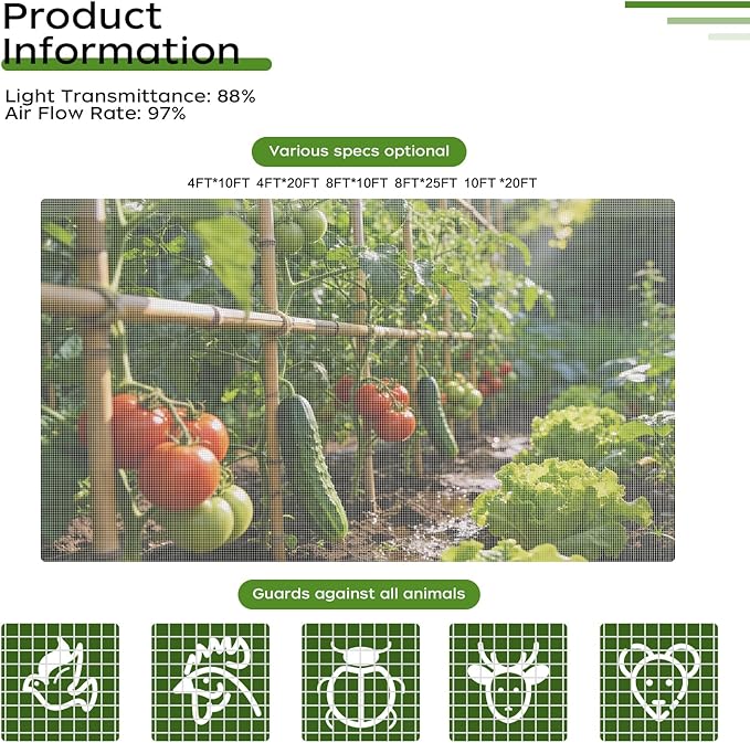 Garden Netting & Plant Netting, 4'x10' Fine Mesh Plant Protection Barrier, Garden Net Covers for Raised Beds, Mesh Fencing & Tree Net Bags, Protect Vegetables, Fruits, Plants & Flowers