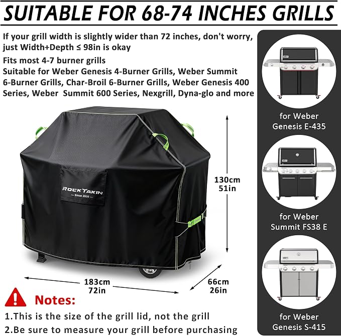 ROCKTAKIN Heavy Duty 72 Inch Grill Cover for Weber Genesis 4 Burner & Summit 6 Burner, Waterproof UV & Fade Resistant Windproof Outdoor BBQ Cover with Air Vents for Weber Char-Broil Nexgrill and More