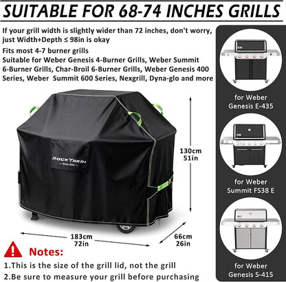 ROCKTAKIN Heavy Duty 72 Inch Grill Cover for Weber Genesis 4 Burner & Summit 6 Burner, Waterproof UV & Fade Resistant Windproof Outdoor BBQ Cover with Air Vents for Weber Char-Broil Nexgrill and More