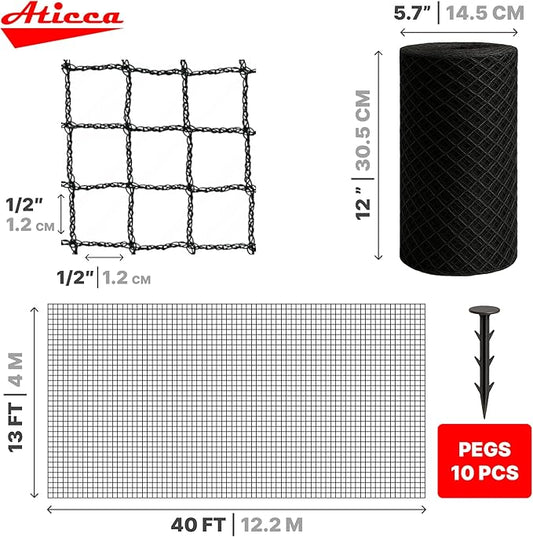 ATICCA Heavy Duty Bird Netting for Garden Protection & Fruit Trees, 13x40 Ft with 10 Stakes – Black Anti-Bird Net for Poultry, Deer, & Squirrel Protection, Durable Nylon Mesh for Garden and Yard Use