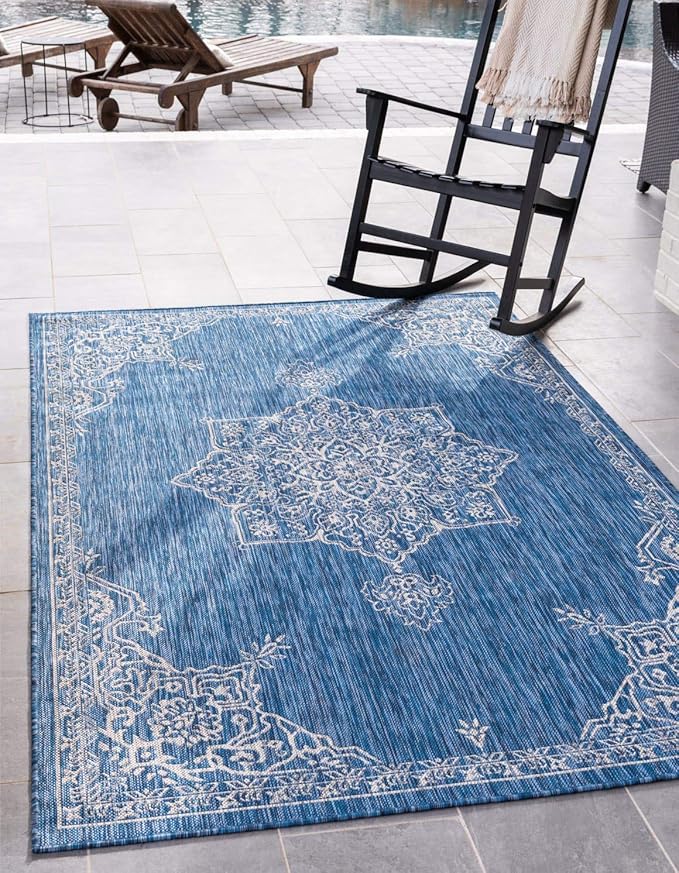 Unique Loom Outdoor Traditional Collection Area Rug - Antique (9' x 12' Rectangle, Blue/ Gray)
