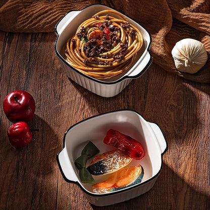 Maxdot 4 Pcs Ceramic Baking Dishes Porcelain Soup Bowls 5.75 Inches Ceramic Square Cereal Bowls with Handles for Kitchen Air Fryer Oven Microwave Safe Serving Mother's Day Wedding Party Gift