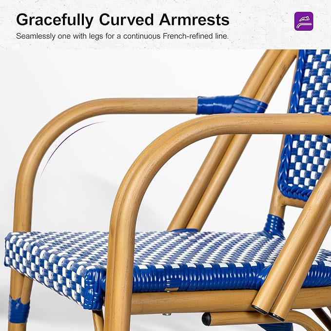 PURPLE LEAF French Bistro Chairs Set of 2 Aluminum Wicker Rattan Hand-Woven Armchairs Outdoor Dining Chairs for Patio Kitchen Garden Bamboo Print Finish Deep Blue