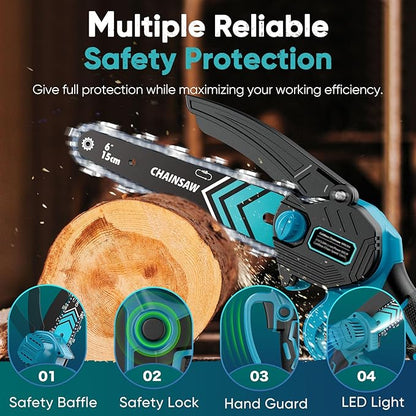 Mini Chainsaw- 6 Inch Electric Mini Chain Saw Cordless Battery Powered One-Hand Tree Trimming Saw with 2 Batteries, Portable Gardening Gadgets for Men, Unique Birthday Gifts for Dad Grandpa (Blue)