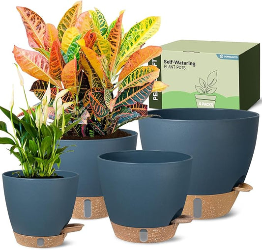 Self-Watering Pots for Indoor Plants 4 Pack, 6/8/10/12 Inch Outdoor Planters with Water Level Indicator&Deep Reservoir, Decorative Flower Pots for Indoor Plants,Home Decor (Blue, 12+10+8+6 inch)