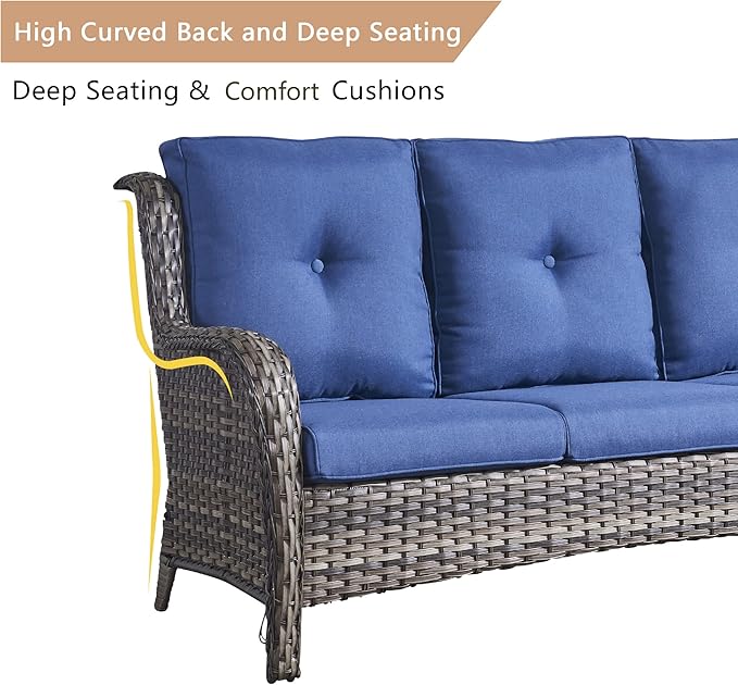 HUMMUH Outdoor Furniture 6 Pieces Patio Furniture Set Wicker Outdoor Sectional Sofa with 2 Patio Chairs,Ottomans,Coffee Table(Grey/Blue)