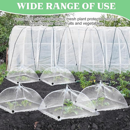 FoldTier 6 Sets Strawberry Supports with Plant Protectors from Animals, Strawberry Growing Racks and Mesh Plant Cover with Plastic Garden Lawn Stakes and Storage Bag for Garden Strawberry Vegetables