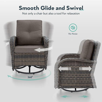 5 Piece Patio Furniture Set - Wicker Patio Conversation Set with Swivel Glider, Loveseat Bench, Tempered Glass Side Table and Coffee Table for Deck Backyard - Brown Wicker Grey Cushion