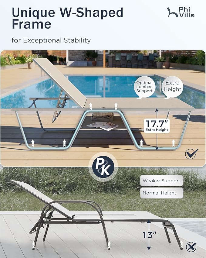 PHI VILLA 78“ Oversized Outdoor Chaise Lounge Chair, Foldable & Assemble Patio Lounge Chair with 5 Adjustable Backrest for Outside Poolside Beach Pool, Beige