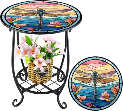 Cinnvoice Outdoor Side Table Round Small Mosaic Patio Accent Indoor End Plant Coffee Tea Table for Yard Patio Porch Garden Living Room, Bedroom(Dragonfly Style,14 Inch)