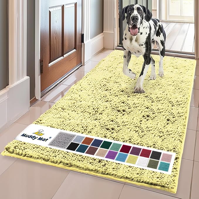 Muddy Mat® | Super Water Absorbent Door Mat Indoor, Microfiber Quick Dry Chenille Entryway Rug, Slip Resistant Front Door Mat, Indoor Mats for Entryway, Machine Washable Pet Rug, Yellow 24" x 96"
