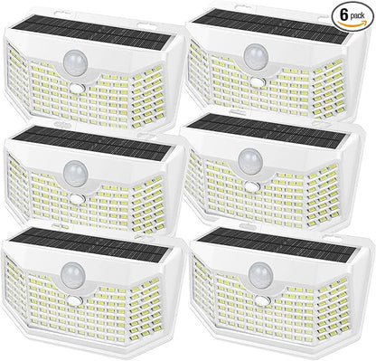 HMCITY 120 LED Solar Lights Outdoor with Motion Sensor and 3 Lighting Modes, IP65 Waterproof Wide Solar Wall Lights Ideal for Garden Patio Yard (Front Button 6Packs, White Shell-Daylight White)