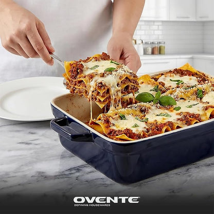 OVENTE Ceramic Baking Dish with Lid, 3 Quart Rectangular Stoneware Casserole Dish for Baking and Serving, Lasagna Pan Deep with Handles, Oven & Dishwasher Safe Bakeware, Ideal Home Gift, Blue BP13BL