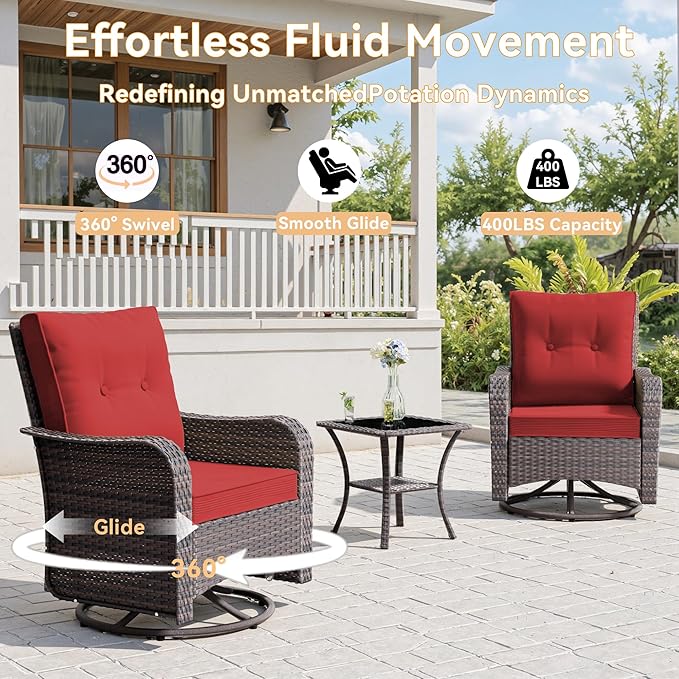 9 Pieces Outdoor Patio Furniture Set with 43" 55000BTU Gas Propane Fire Pit Table & Swivel Rocking Chairs, PE Wicker Rattan Outdoor Sectional Patio Set, Outdoor Patio Conversation Set, Red