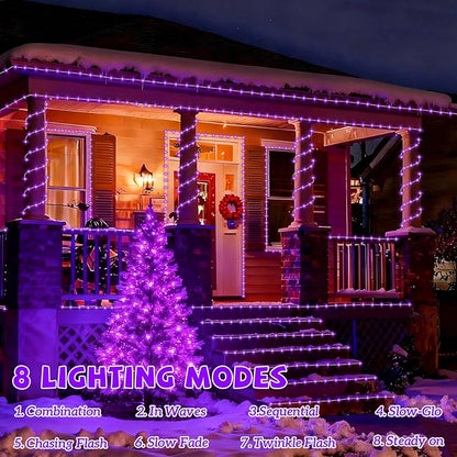 YEGUO Solar Christmas Lights Outdoor Waterproof, 2 Packs Each 33ft 100 LED Rope Lights, 8 Modes Fairy String Lights in Clear Thin Tube for Camping Fence Patio Garden Trampoline Deck(Purple)