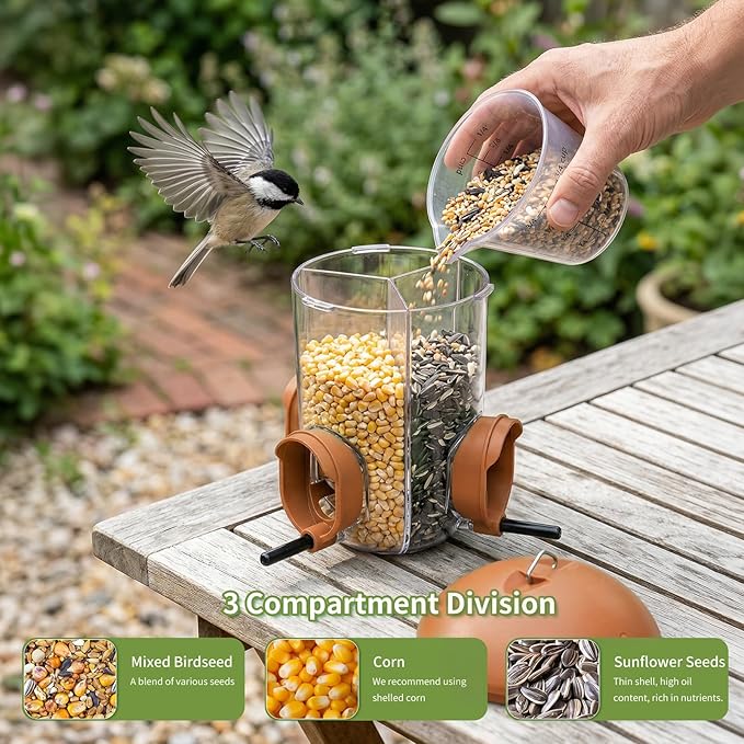 LONA Bird Feeders for Outdoors Hanging – 3 Separate Compartments, 3 Feeding Ports, Weatherproof Dome & 3 Ways to Hang, Large Capacity for Cardinals/Finches (Brown，Plus