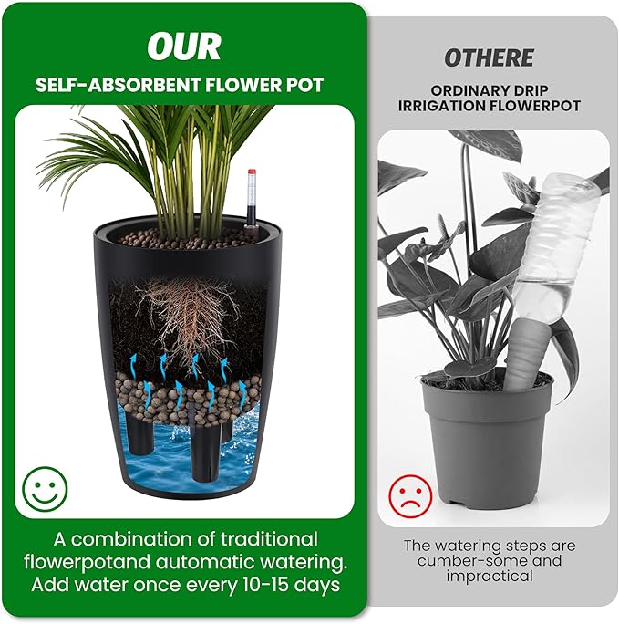 16 in Tall Planters Set of 2, Plant Pots, Self Watering Pots for Indoor Plants, Flower Pots With Built-In Drainage and Visual Water Level Design, for Patio, Porch, Living Room, or Home Office, Black