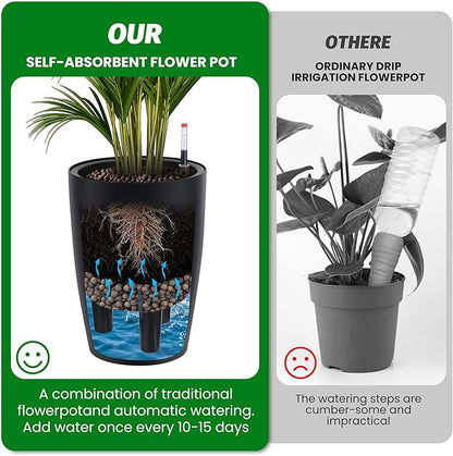16 in Tall Planters Set of 2, Plant Pots, Self Watering Pots for Indoor Plants, Flower Pots With Built-In Drainage and Visual Water Level Design, for Patio, Porch, Living Room, or Home Office, Black