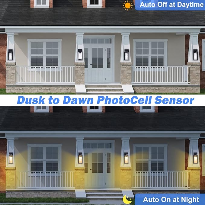 LED Dusk to Dawn Outdoor Light Fixtures - 2 Packs Modern Porch Lighting with Attractive Glass, 13W 3000K LED Exterior Sconce Wall Mount with Photocell Sensor for House Front Garage Door, Waterproof