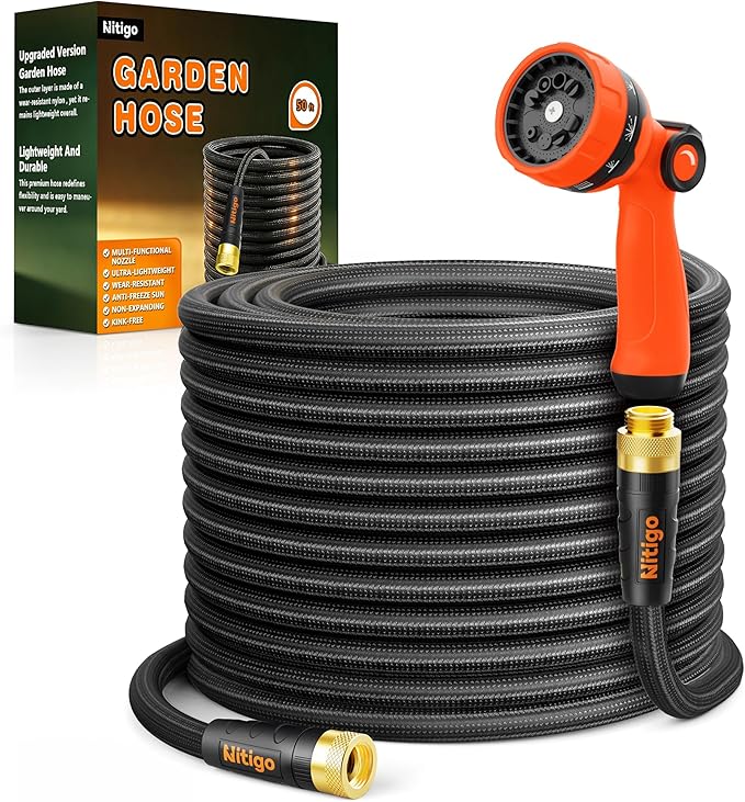 Nitigo Ultra Lightweight Garden Hose 50 FT, Non-Expanding Flexible Water Hose with 10-Function Sprayer, Kink-Free, Nylon Outer Layer, Burst 280 PSI for Outdoor Gardening, Pet Bathing (3/4" GHT)