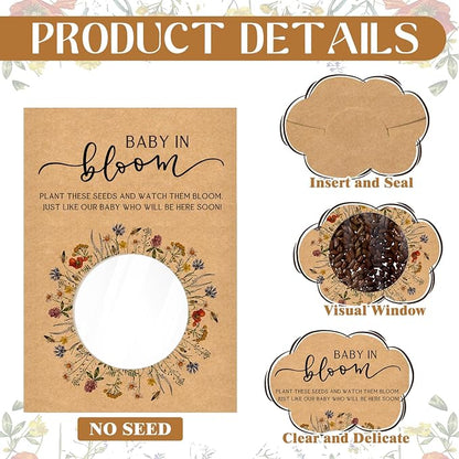 Fumete 25 Pack Baby in Bloom Seed Packets Wildflower Baby Shower Envelopes Kraft Bags with Clear Window Resealable Seed Organizer Storage Bag for Gender Reveal Party Favors, No Seeds(Kraft)