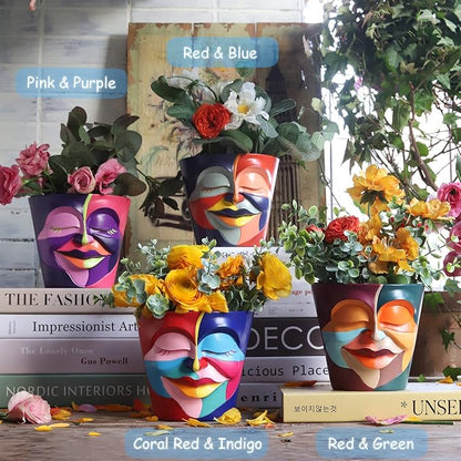 GUGUGO Abstract Rainbow Head Planter, Unique Face Plant Pot with Drainage, Cute Eclectic Flower Planters Pots for Indoor & Outdoor Plants, Colorful Funny Room Decor (Coral Red & Indigo,5.5Inch)