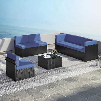 Kinsuite 7Pcs Patio Conversation Set - Wicker Backyard Furniture Outdoor Furniture with Cushions, All-Weather Couch Set with Coffee Table for Garden, Lawn, Deck, Blue