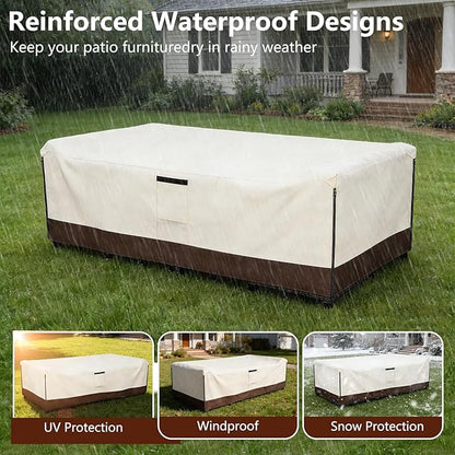 Patio Furniture Covers Waterproof,600D Heavy Duty Patio Cover for 6/7/8 PCS Sets Sectional Sofa Couch Dining Rocking Swivel Chairs Ottomans Coffee Table,126L x 63W x 28H inch Beige & Brown