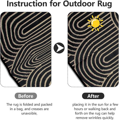 Anidaroel Patio Rugs Outdoor 6’x9’ Clearance Waterproof, Reversible Rainbow Outdoor Plastic Straw Outside Rugs, RV Outdoor Rugs for Camping, Porch, Balcony, Backyard (Black&Brown, 6‘X9')