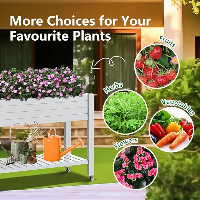 Vixzen Raised Garden Bed Outdoor,Reinforced Large Planter Box with Wheels & Storage Shelf,Mobile Planter Bed Box for Backyard, Patio, Balcony (Ashen, 21Gal（43.31"×17.72"×33.66"）)