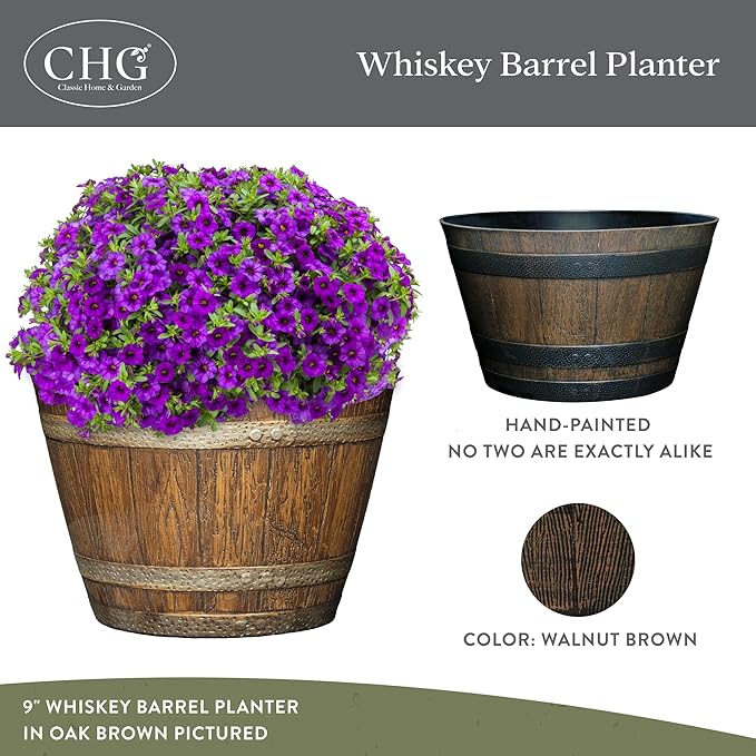 Classic Home & Garden Whiskey Barrel Planters - Wood Finish Flower Planter Pot - Stylish Garden Pots - Indoor & Outdoor Resin Planters - Weather-Resistant Planting Pot (20.5" Kentucky Walnut, 1- Pack)