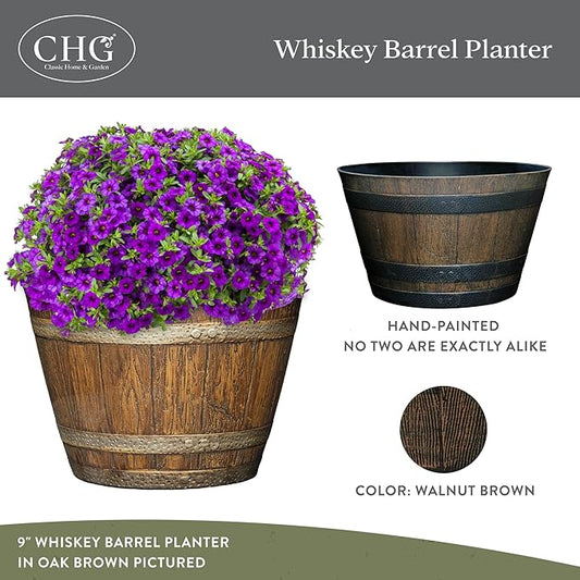 Classic Home & Garden Whiskey Barrel Planters - Wood Finish Flower Planter Pot - Stylish Garden Pots - Indoor & Outdoor Resin Planters - Weather-Resistant Planting Pot (20.5" Kentucky Walnut, 1- Pack)