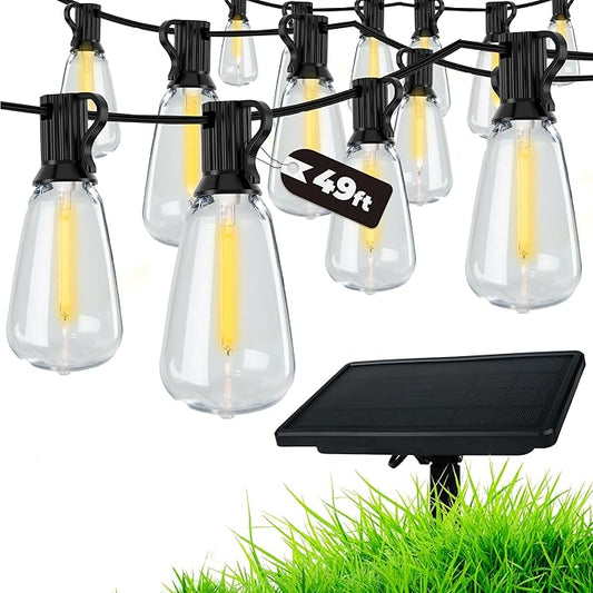 Regalosonline Solar String Lights for Outside - 15+2 Spare LED Bulbs Patio Lights with Remote Control, USB Port & Waterproof Outdoor (Warm White)