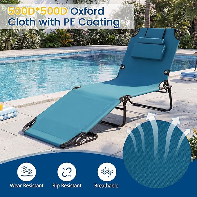 Giantex 2-Pack Tanning Chair, 350lbs Adjustable Patio Lounge Chair w/Face Hole, Removable Pillows, Carry Strap, Folding, Outdoor Chaise Lounge for Layout Beach Poolside Lawn