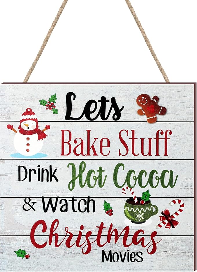 Blulu Christmas Hanging Wooden Sign Christmas Coffee Bar Decor Wood Candy Cane Hot Cocoa Sign Door Hanging Plaque for Xmas Winter Holiday Kitchen Home Wall Decoration(Classic)