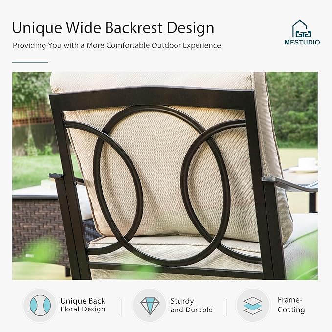 MFSTUDIO 6 PCS Outdoor Patio Furniture Set, Metal Outdoor Conversation Set, Rattan Wicker Patio Sectional Sofa Set with 2 x Fixed Single Sofa, 3-Seat Sofa, 2 x Ottoman, 1 x Coffee Table, Beige