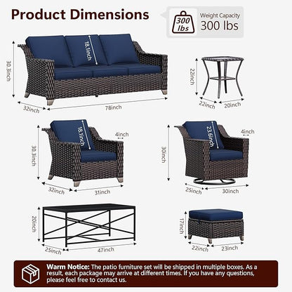 6 Pieces Wicker Patio Furniture, Luxury Outdoor Conversation Sets with 2 Patio Rattan Chair, 3-Seater Sofa, 2 Patio Ottoman and 1 Coffee Table, Wide Armrest, Thickened Cushions