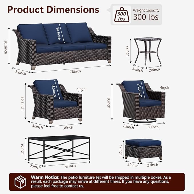 7 Pieces Wicker Patio Furniture, Luxury Outdoor Furniture with 2 Patio Swivel Chair, 3-Seater Sofa, 2 Patio Ottoman, 1 Coffee Table and 1 Side Table, Wide Armrest, Thickened Cushions