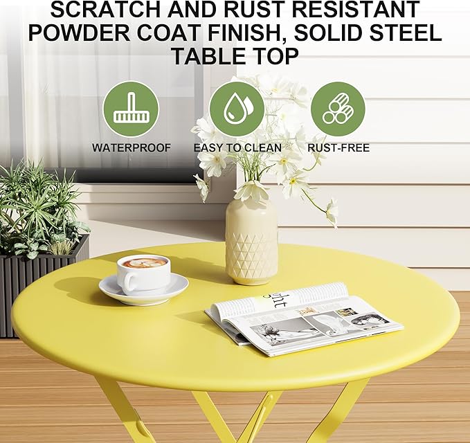 GarveeLife 3-Piece Folding Bistro Set, Foldable Patio Furniture Set with Premium Frame, Outdoor Bistro Table and Chairs Set of 2 for Patio, Garden and Balcony, Yellow