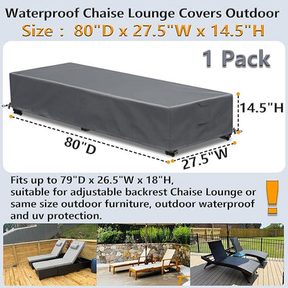 Waterproof Patio Lounge Chair Cover 1 Pack Outdoor Chaise Lounge Covers 600D Weather Resistant Material, UV Protection, Windproof Design Outside Furniture Covers 80" x 28" x 14" H,Grey