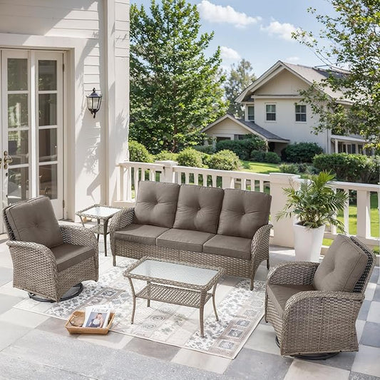 5 Pieces Wicker Patio Furniture Set-Outdoor Swivel Rocker Patio Chairs Patio Sofa Set with Tempered Glass Top Outdoor Coffee Table for Deck Lawn Porch Balcony Poolside-Grey/Grey