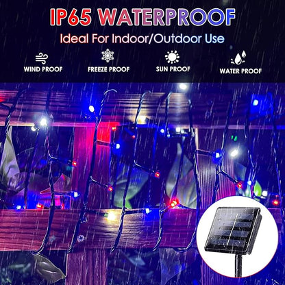 4pk Solar Christmas Lights Outdoor, Red White and Blue Solar String Lights, 400LED 132FT LED 4th of July Light Waterproof, Solar Fairy Twinkle Light for Xmas Tree Independence Day Party Decorations