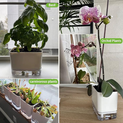 Planterhoma Self Watering Plant Pots for Indoor Plants 7/10 inch, 2 Packs Rectangle Self-Watering Planters with Drainage Hole, White African Violet Pots for Devil's Ivy, Spider Plant, Orchid, Herb