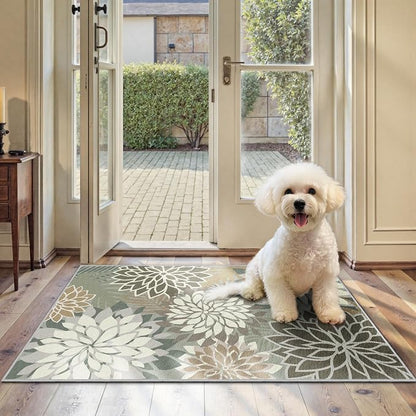 Arenarug 2x3 Washable Small Rug Tropical Botanical Modern Floral Indoor Chenille Door Mat Carpet Non Slip for Patio, Entry Way, Entrance, Porch, Taupe
