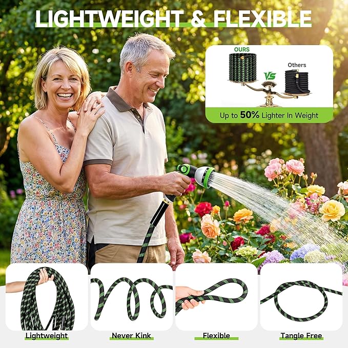 Garden Hose 100 ft Flexible Water Hose Non-Expanding Lightweight Kink-Free Hoses Durable Leak-Proof High Pressure Pipe with 3/4” Brass Fitting 10 Function Nozzle for Outdoor Yard Lawn Car Wash