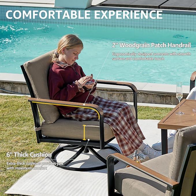 NATURAL EXPRESSIONS 5 Piece Patio Furniture Set, Outdoor Conversation with 4 Pcs Swivel Rocking Chairs and 27" Double-Layer Coffee Table 6" Thick Cushions for Balcony, Backyard, Deck, Porch (Shale)