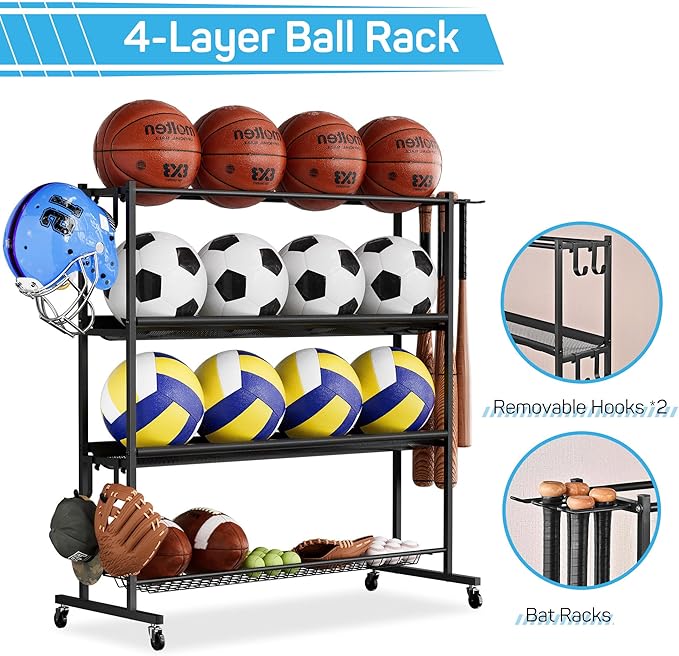 Mythinglogic Garden Alloy Steel Tool Organizer for Garage, Basketball Rack, Ball Storage with Baseball Bat Holder