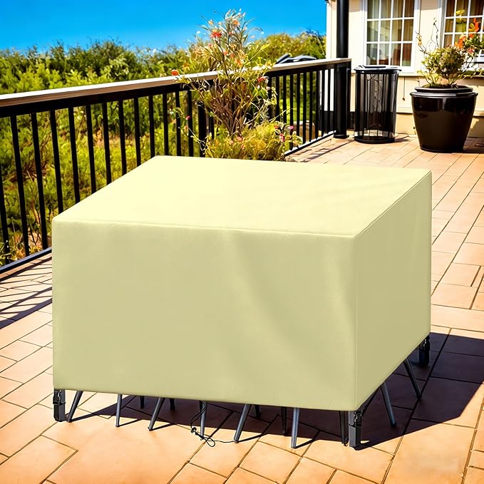 Patio Furniture Cover Rectangle 56"(L) x 56"(W) x 34"(H), Custom Heavy Duty 420D Waterproof Outdoor Cover with Drawstring & Buckles for Table Chair Garden, Cream